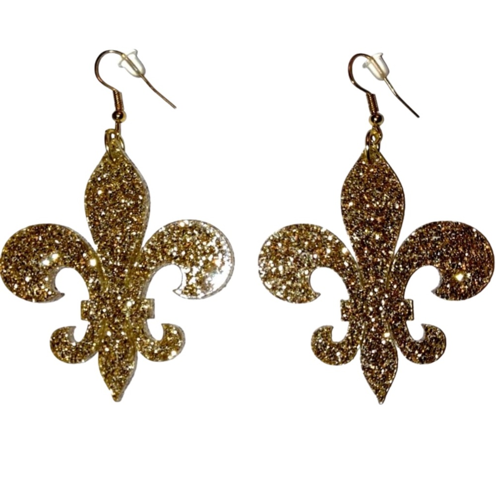 Fleur de Lis Gold Glitter Sparkles Dangle Earrings New Orleans Game Day Jewelry